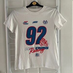 SHEIN White Tee with Red and Blue Motocross Print